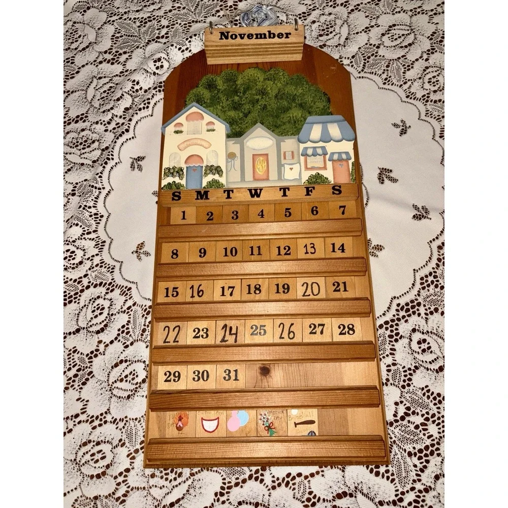 Perpetual Wooden Calendar Vintage Cottagecore Village